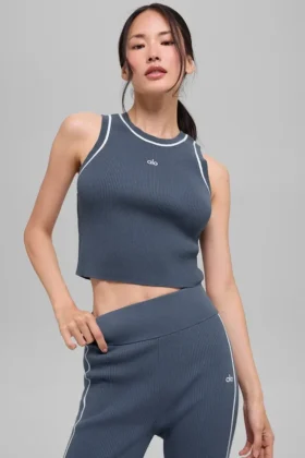Maglione corto Highline in maglia a costine – Bluestone/Bianco