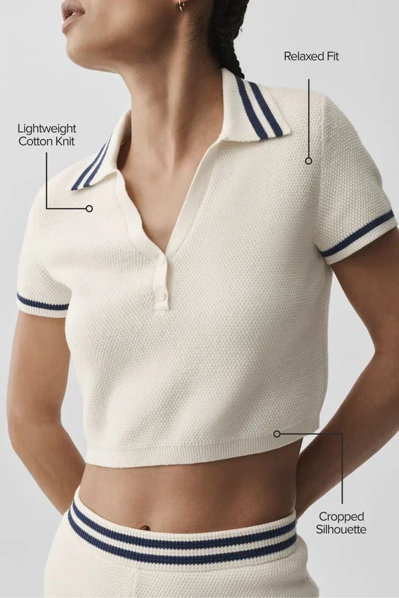Maglione corto in maglia Tennis Club - Avorio/Blu navy