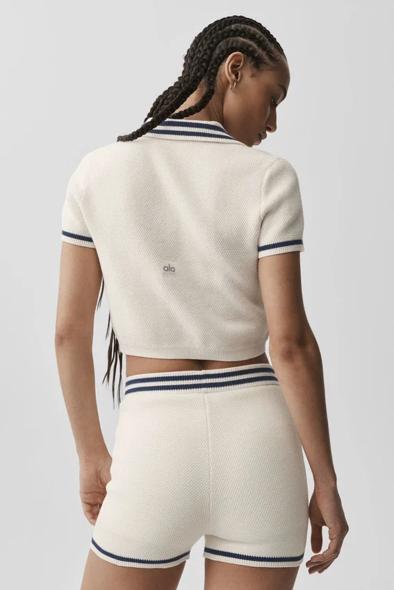 Maglione corto in maglia Tennis Club - Avorio/Blu navy