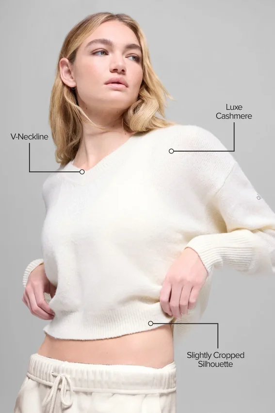 Maglione corto New Class con scollo a V in misto lana e cashmere - Avorio