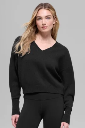Maglione corto New Class in lana e cashmere con scollo a V - Nero