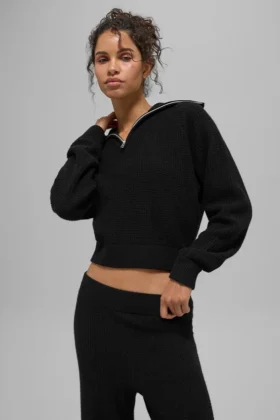 Maglione in cashmere a trama a nido d’ape con zip a 1/4 - Nero