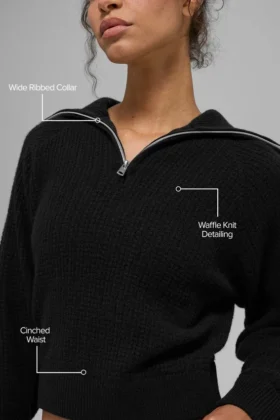 Maglione in cashmere a trama a nido d’ape con zip a 1/4 – Nero