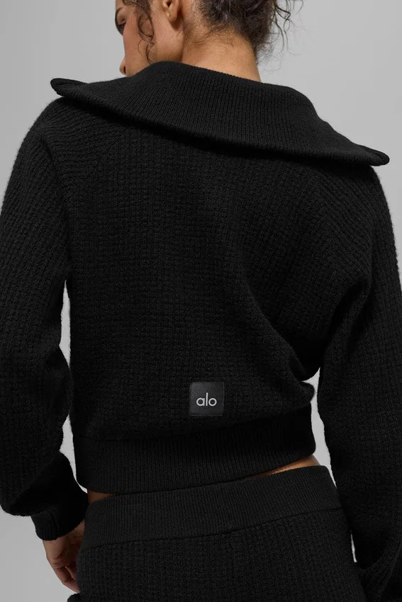 Maglione in cashmere a trama a nido d’ape con zip a 1/4 - Nero
