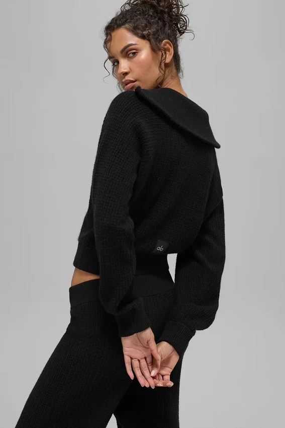 Maglione in cashmere a trama a nido d’ape con zip a 1/4 - Nero