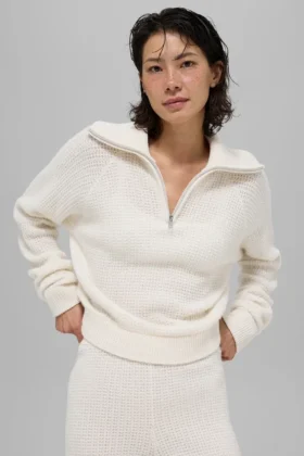 Maglione in cashmere a trama waffle con zip a 1/4 - Avorio