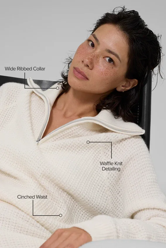 Maglione in cashmere a trama waffle con zip a 1/4 - Avorio