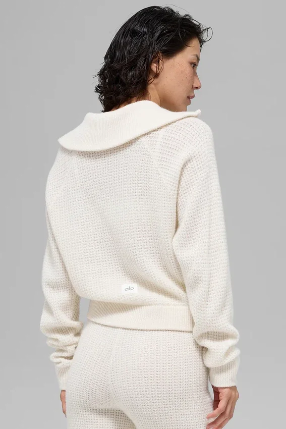 Maglione in cashmere a trama waffle con zip a 1/4 - Avorio