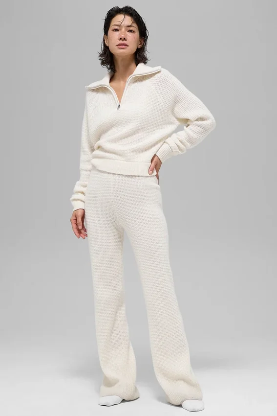Maglione in cashmere a trama waffle con zip a 1/4 - Avorio
