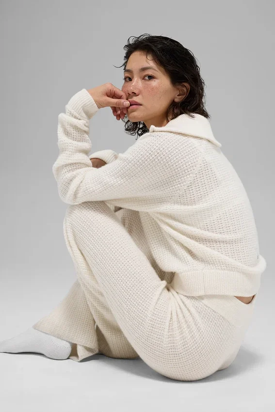 Maglione in cashmere a trama waffle con zip a 1/4 - Avorio