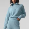 Maglione in cashmere a trama waffle con zip a 1/4 - Blu celeste melange