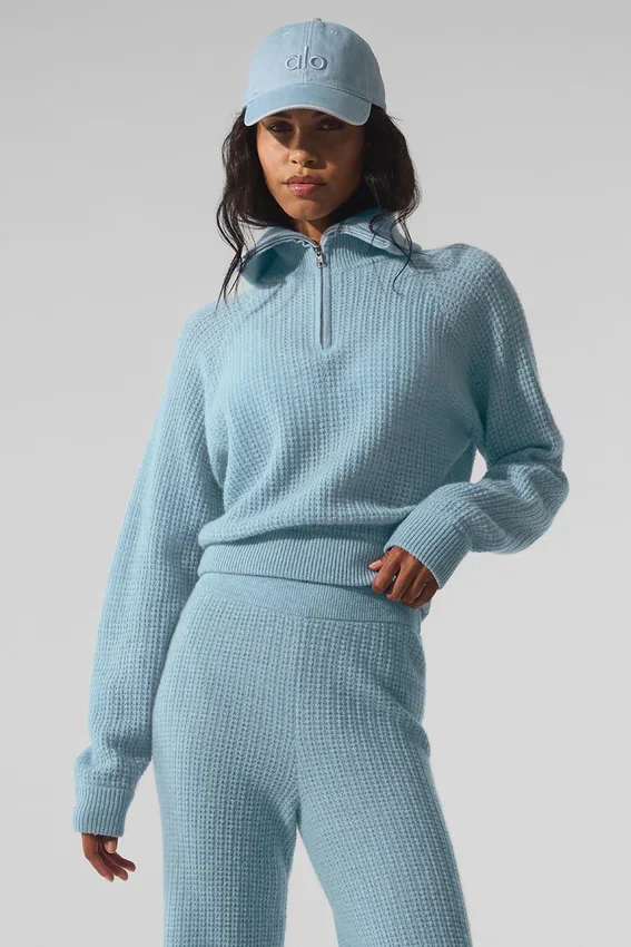 Maglione in cashmere a trama waffle con zip a 1/4 - Blu celeste melange