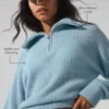 Maglione in cashmere a trama waffle con zip a 1/4 - Blu celeste melange