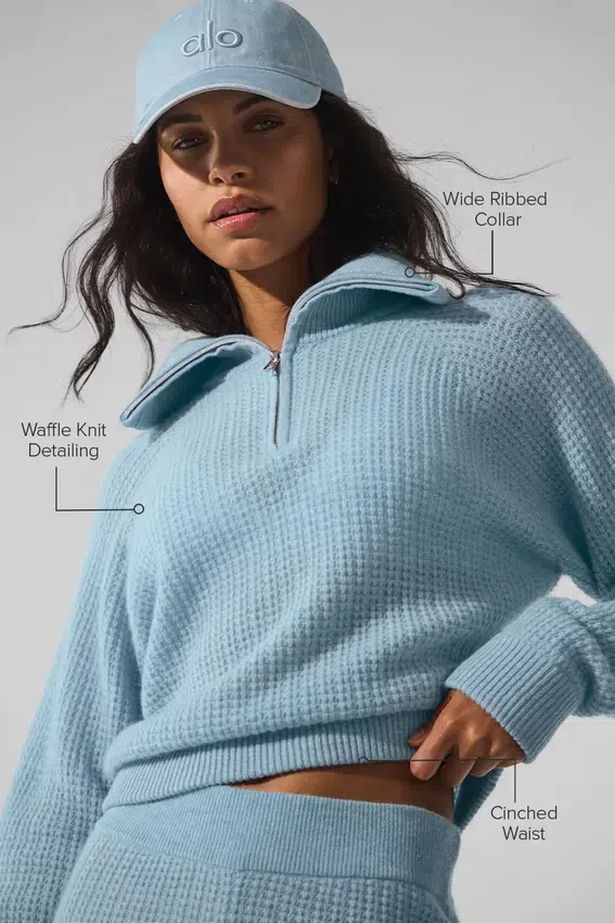 Maglione in cashmere a trama waffle con zip a 1/4 - Blu celeste melange
