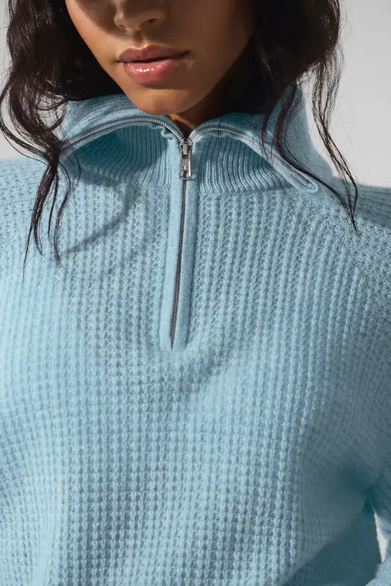 Maglione in cashmere a trama waffle con zip a 1/4 - Blu celeste melange