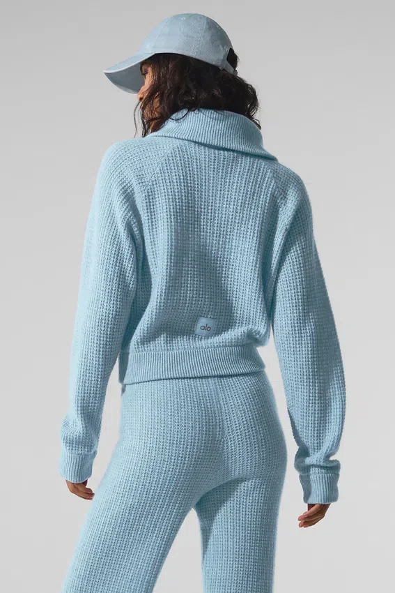 Maglione in cashmere a trama waffle con zip a 1/4 - Blu celeste melange