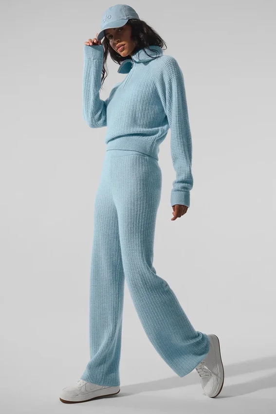 Maglione in cashmere a trama waffle con zip a 1/4 - Blu celeste melange