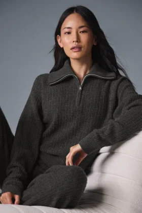 Maglione in morbido cashmere a trama a nido d'ape con zip a 1/4 - Grigio scuro melange