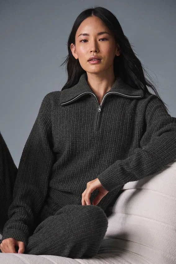 Maglione in morbido cashmere a trama a nido d'ape con zip a 1/4 - Grigio scuro melange