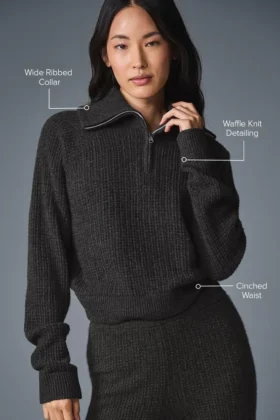 Maglione in morbido cashmere a trama a nido d’ape con zip a 1/4 – Grigio scuro melange