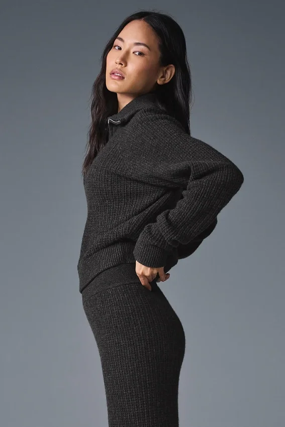 Maglione in morbido cashmere a trama a nido d'ape con zip a 1/4 - Grigio scuro melange