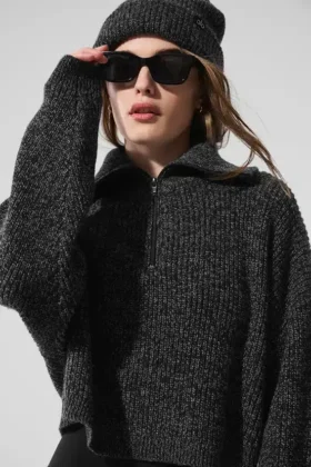 Maglione melange con zip a 1/4 - Nero melange