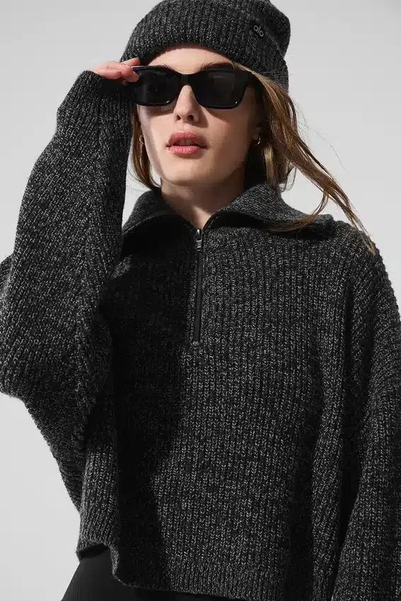 Maglione melange con zip a 1/4 - Nero melange