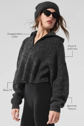 Maglione melange con zip a 1/4 – Nero melange