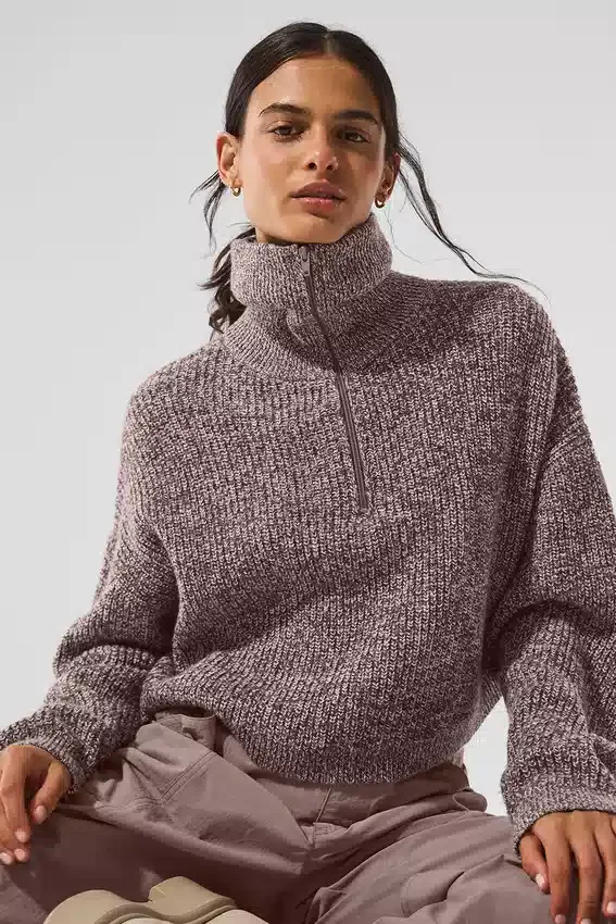 Maglione melange Pullover con zip a 1/4 - Melange fungo