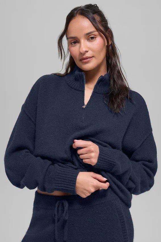 Maglione New Class con zip a 1/4 in lana e cashmere - Blu navy