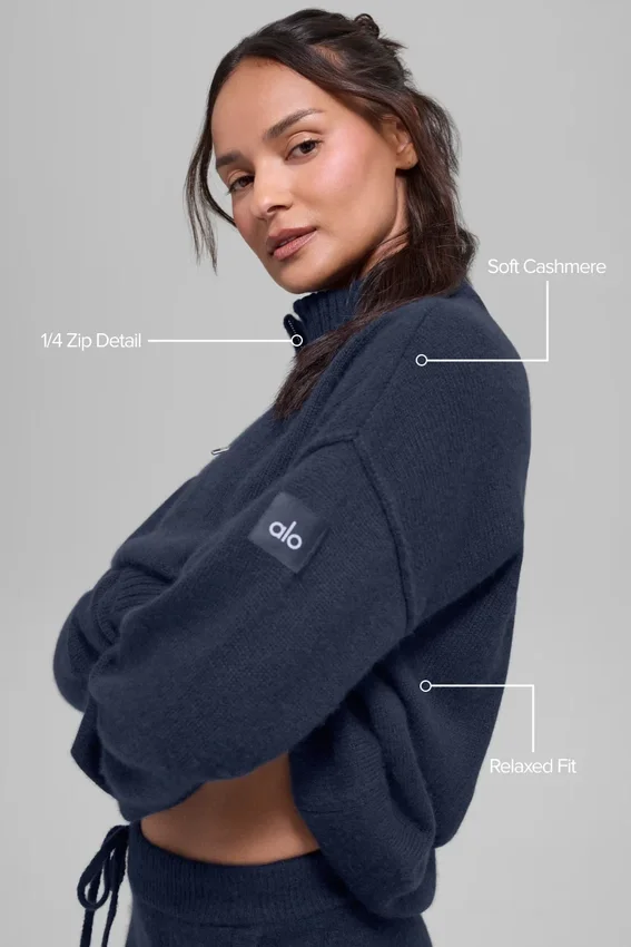 Maglione New Class con zip a 1/4 in lana e cashmere - Blu navy