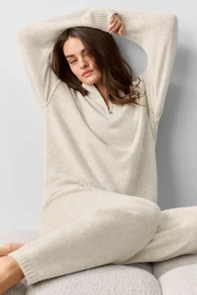 Maglione New Class in misto lana e cashmere con zip a 1/4 - Avena melange