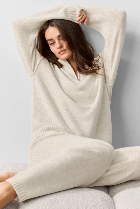 Maglione New Class in misto lana e cashmere con zip a 1/4 - Avena melange