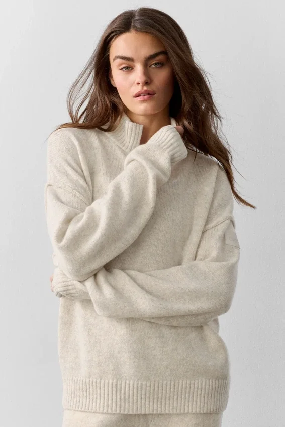 Maglione New Class in misto lana e cashmere con zip a 1/4 - Avena melange