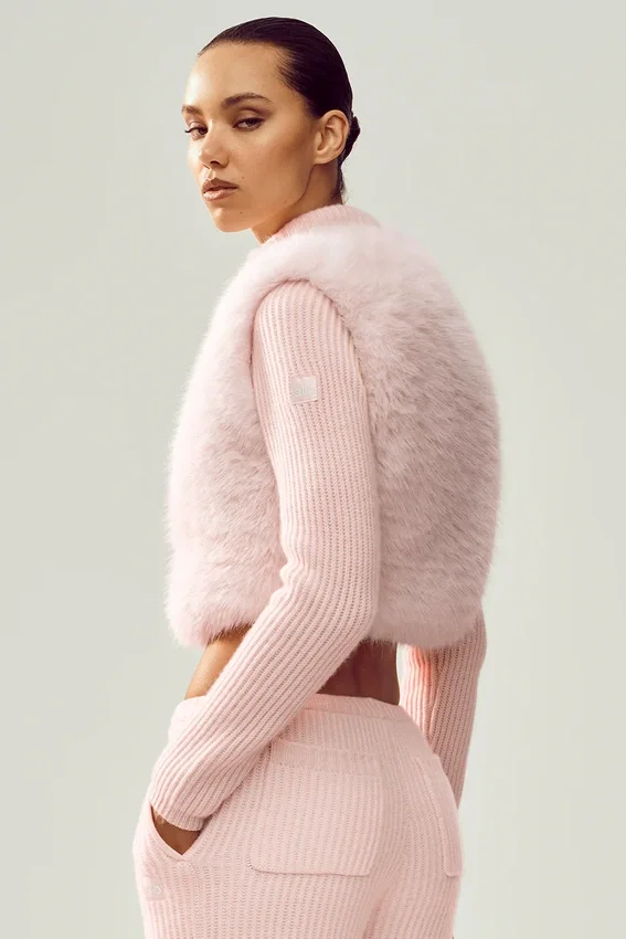 Maglione Northstar in cashmere con finta pelliccia e zip integrale - Rosa ghiacciato