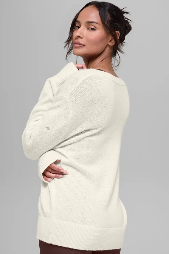 Maglione oversize con scollo a V in misto lana e cashmere New Class - Avorio