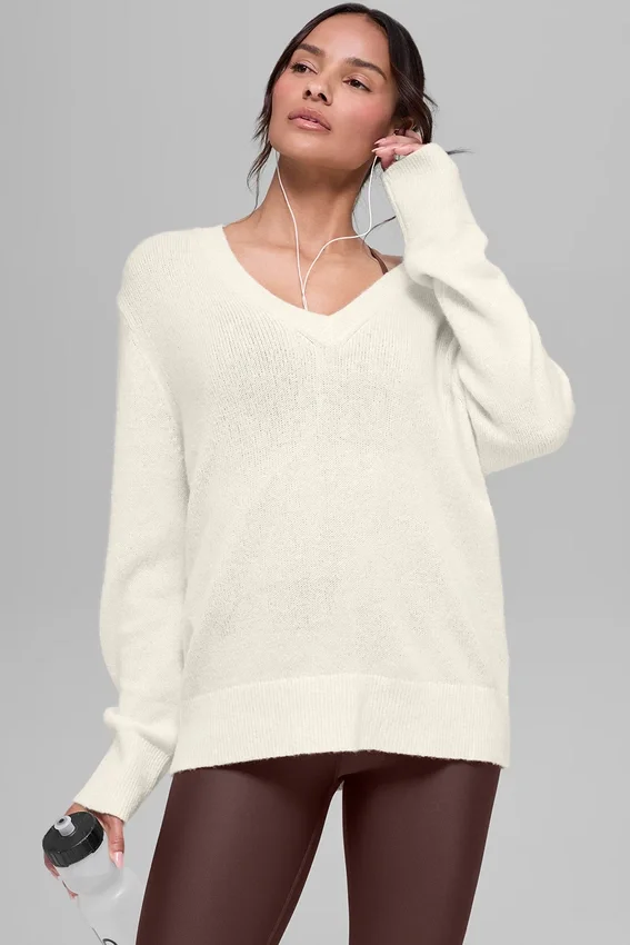 Maglione oversize con scollo a V in misto lana e cashmere New Class - Avorio