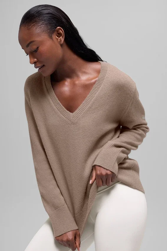 Maglione oversize con scollo a V in misto lana e cashmere New Class - Chai Latte