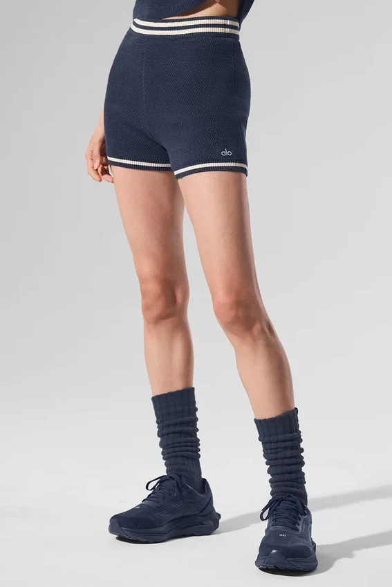 Pantaloncini cortissimi in maglia tipo maglione Tennis Club - Blu navy/Avorio