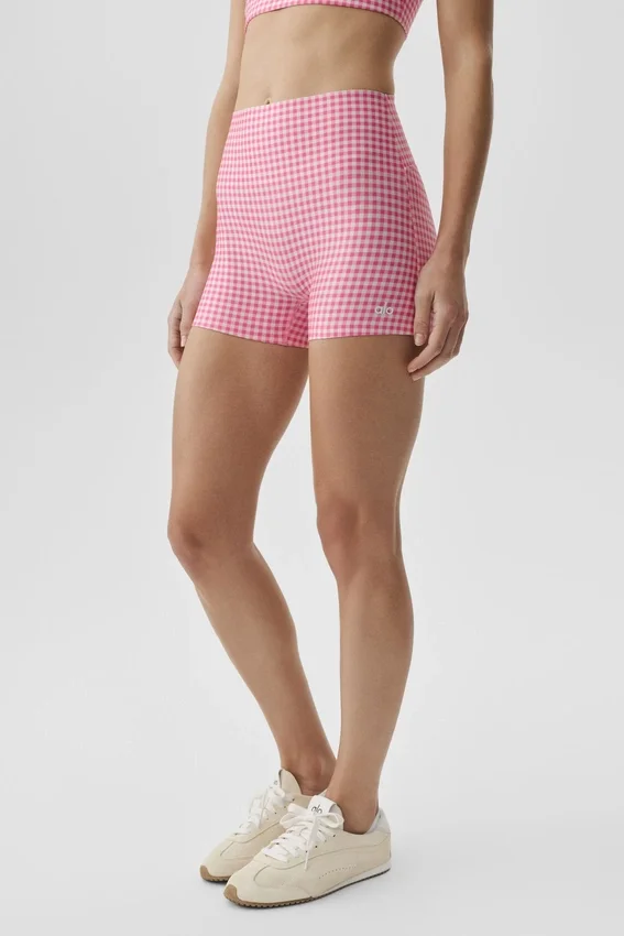 Pantaloncini eleganti High-Waist Airlift a quadretti da 3" - Rosa Paradiso a quadretti