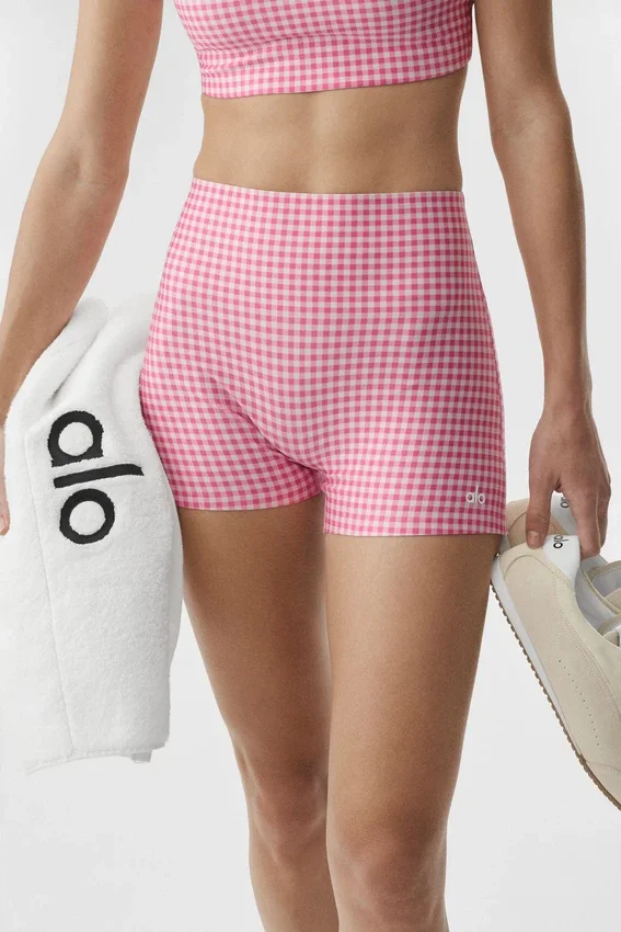 Pantaloncini eleganti High-Waist Airlift a quadretti da 3" - Rosa Paradiso a quadretti