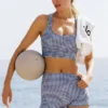 Pantaloncini eleganti High-Waist Airlift Gingham da 3" - Blu navy a quadretti