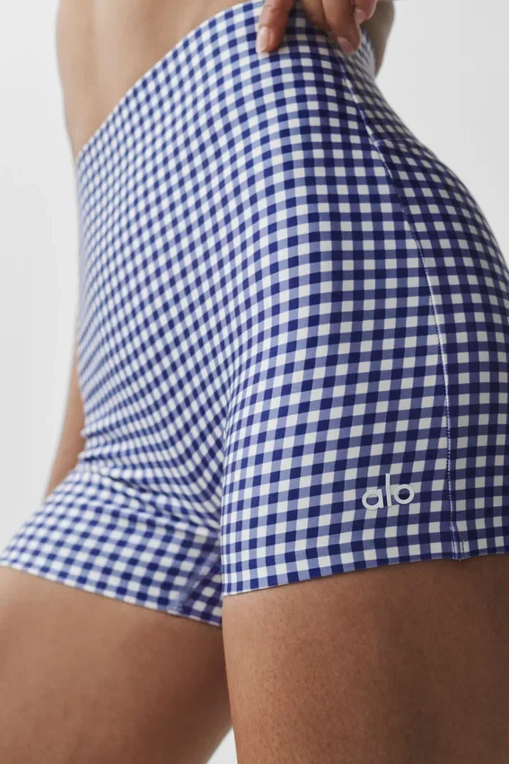 Pantaloncini eleganti High-Waist Airlift Gingham da 3" - Blu navy a quadretti