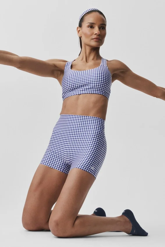 Pantaloncini eleganti High-Waist Airlift Gingham da 3" - Blu navy a quadretti