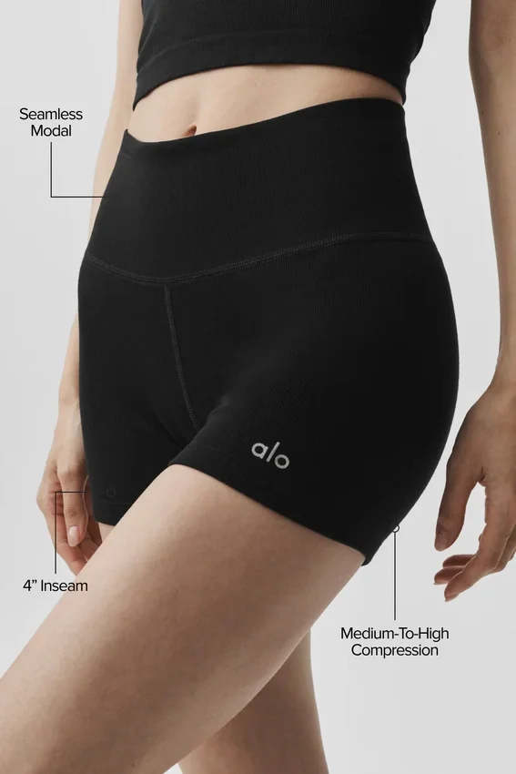 Pantaloncini High-Waist a costine in modal senza cuciture da 4" - Nero