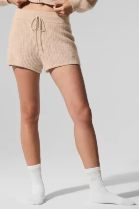 Pantaloncini High-Waist in cashmere con trama a nido d'ape - Macadamia Blush