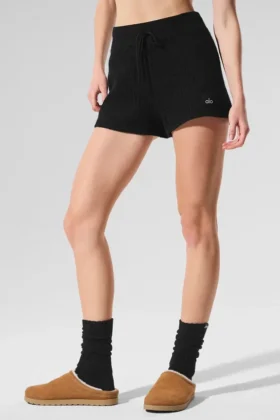 Pantaloncini High-Waist in cashmere con trama a nido d’ape morbida - Nero