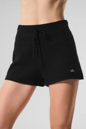 Pantaloncini High-Waist in cashmere con trama a nido d’ape morbida – Nero