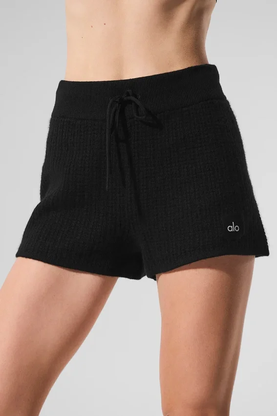 Pantaloncini High-Waist in cashmere con trama a nido d’ape morbida - Nero