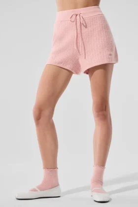 Pantaloncini High-Waist in cashmere con trama a nido d’ape - Rosa quarzo